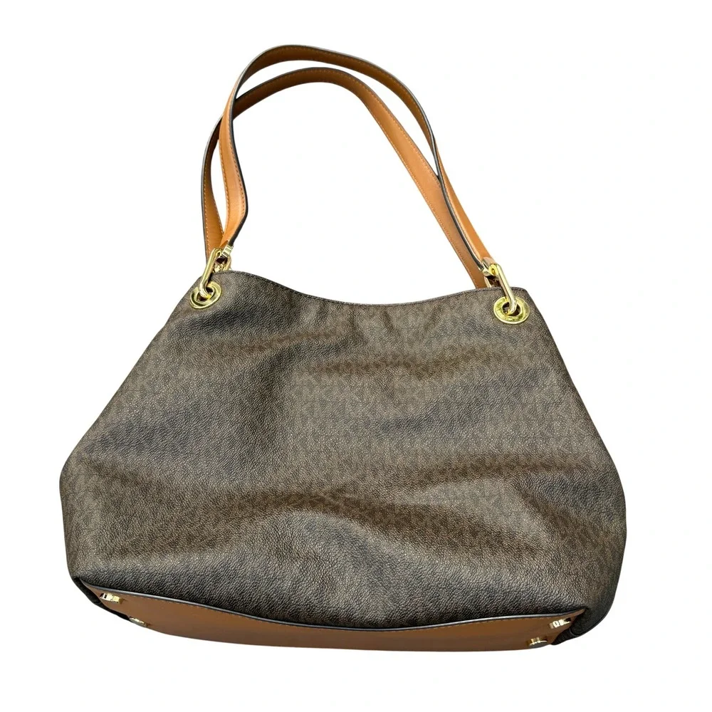 Michael Kors Brown Signature MK PVC Shoulder Tote Bag Acorn Leather Trim Large